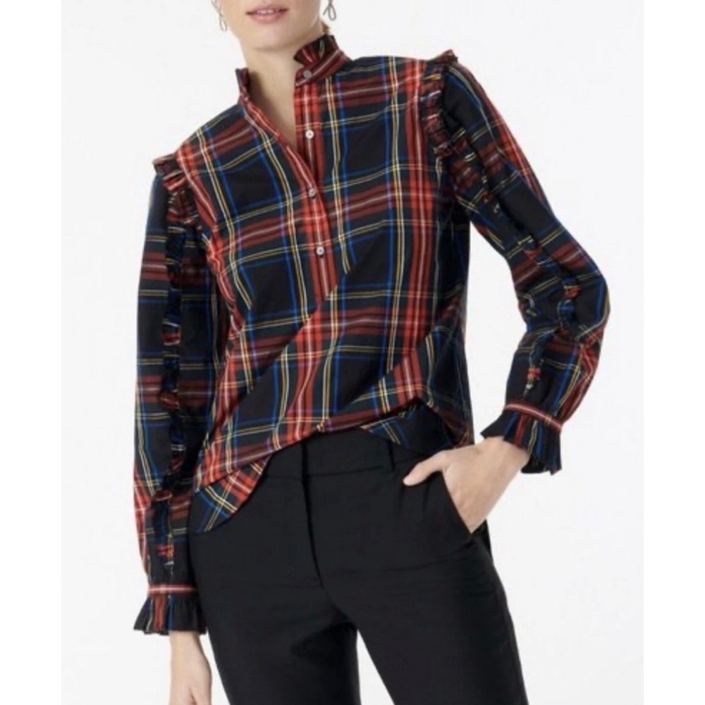 NWT J.Crew Classic Fit Ruffle Popover Black Stewart Tartan Plaid Womens Small